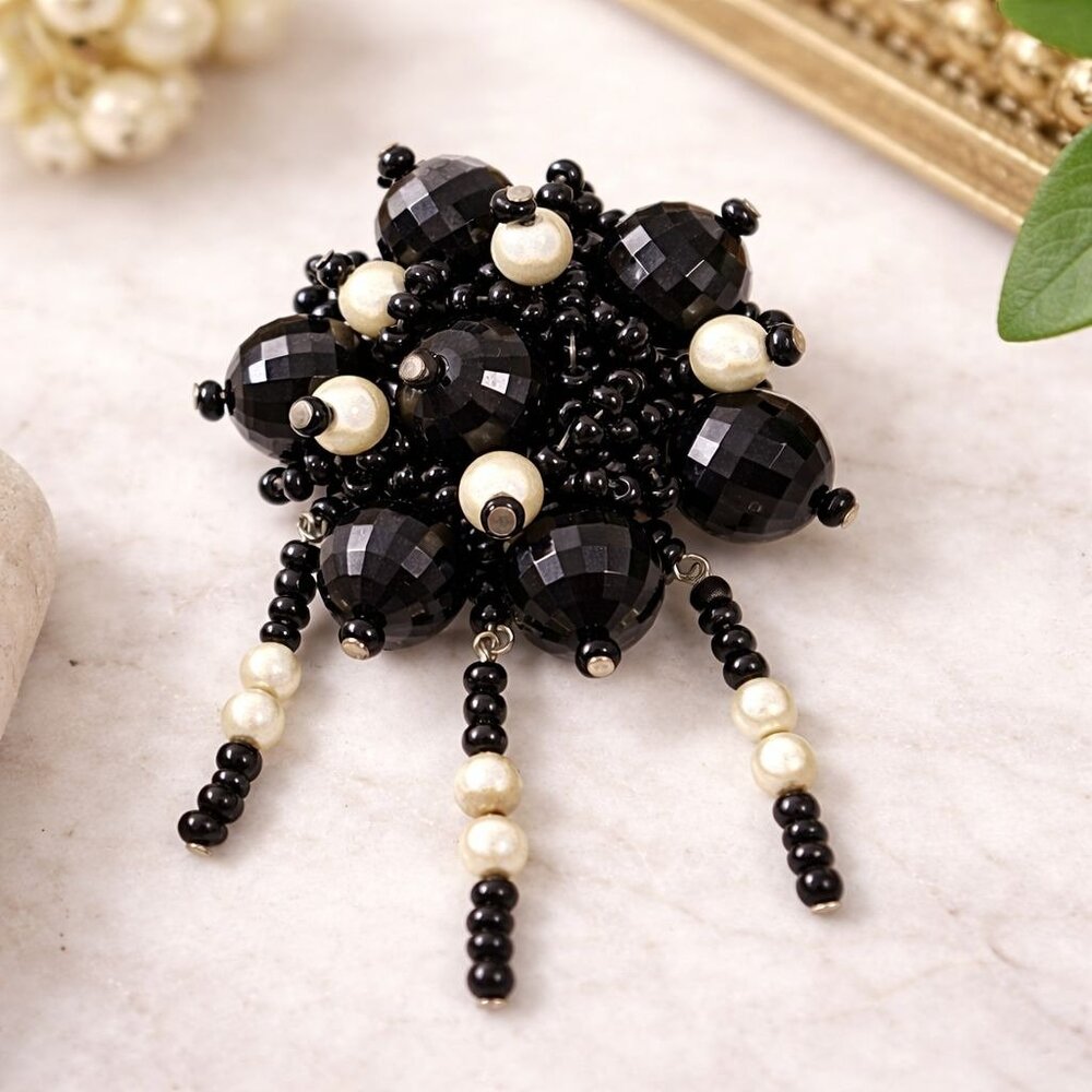 Vintage Black & White Beaded Cluster Brooch With Dangling Beads